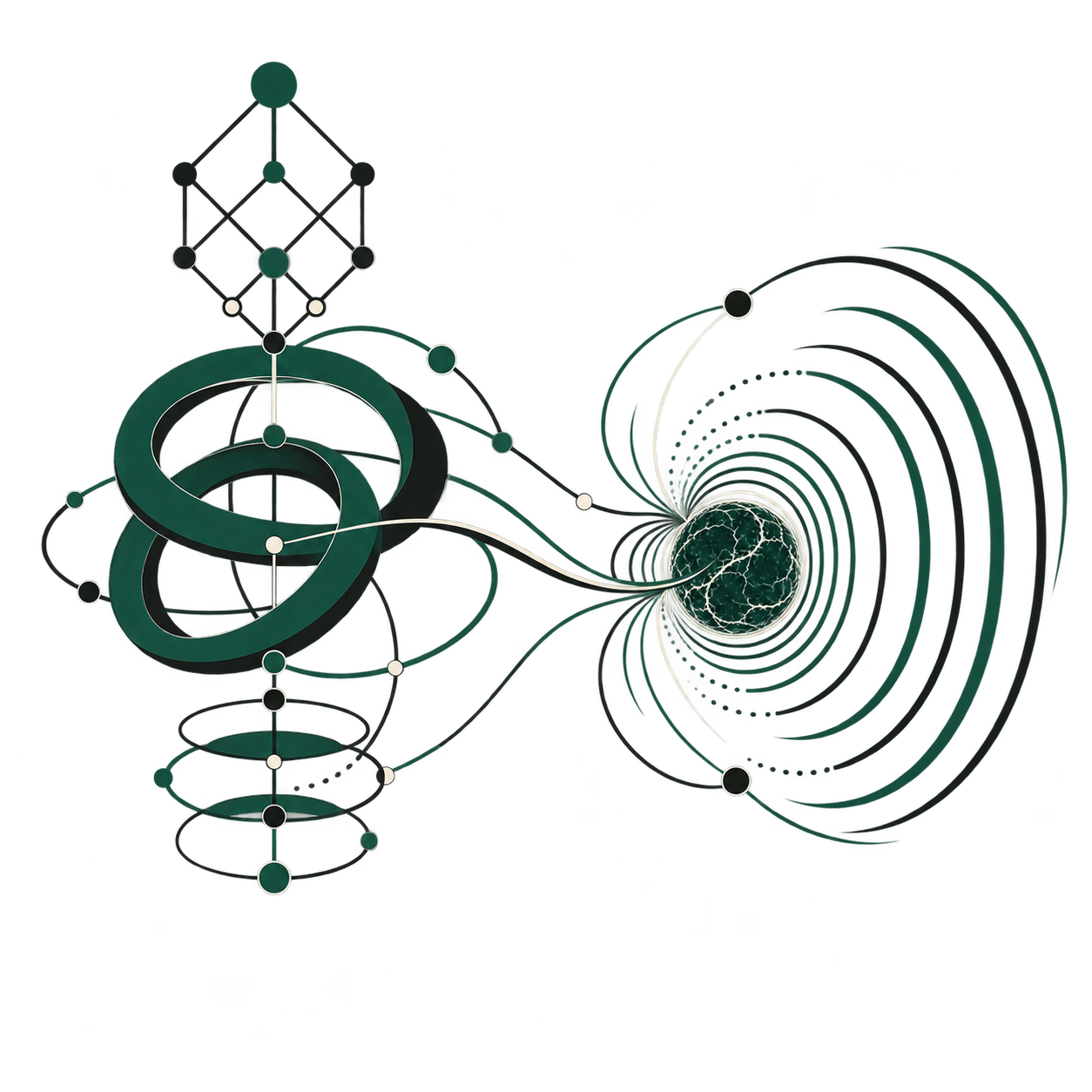 Abstract illustration connecting algebraic structures with gravitational-wave geometry