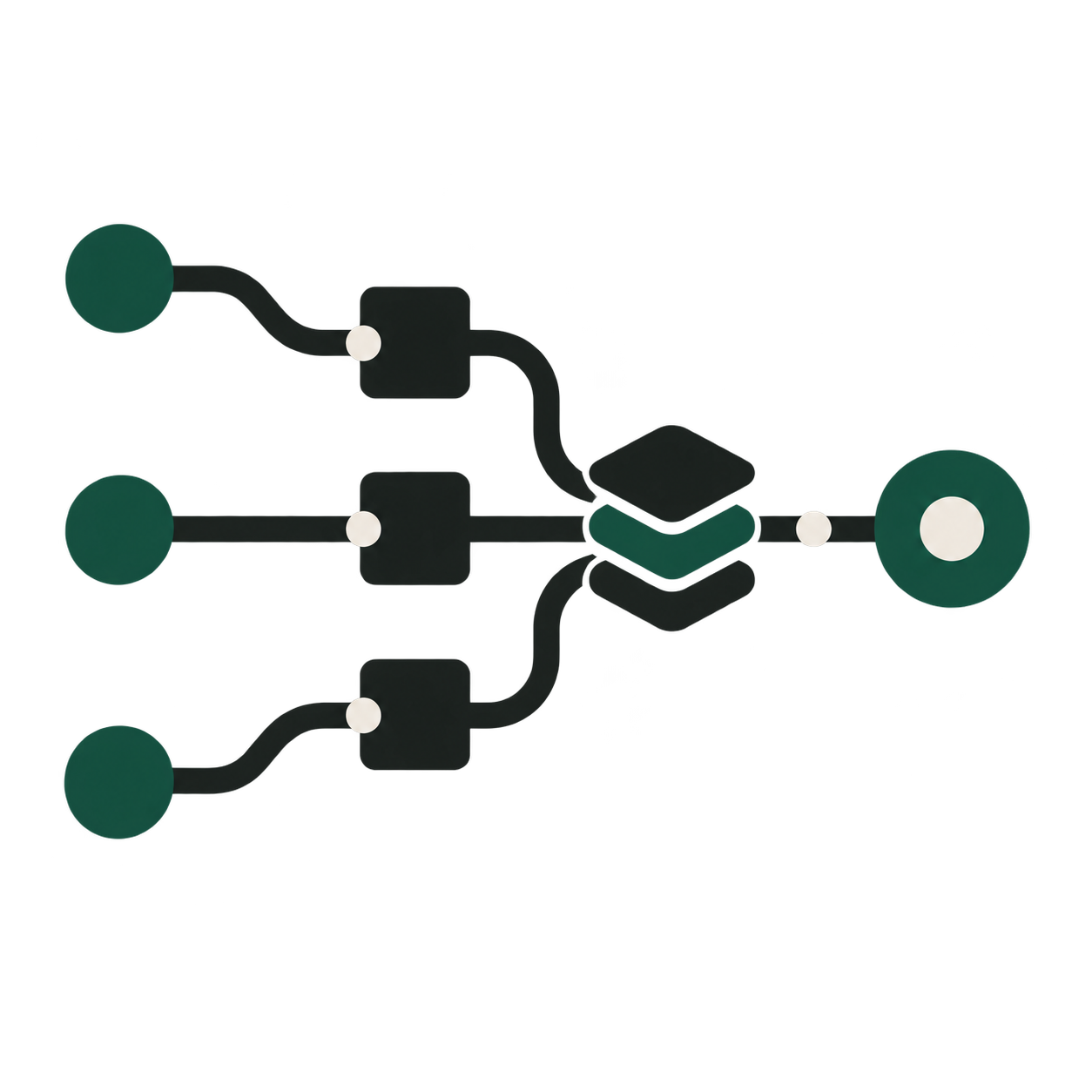 Systems emblem showing several inputs becoming one dependable output